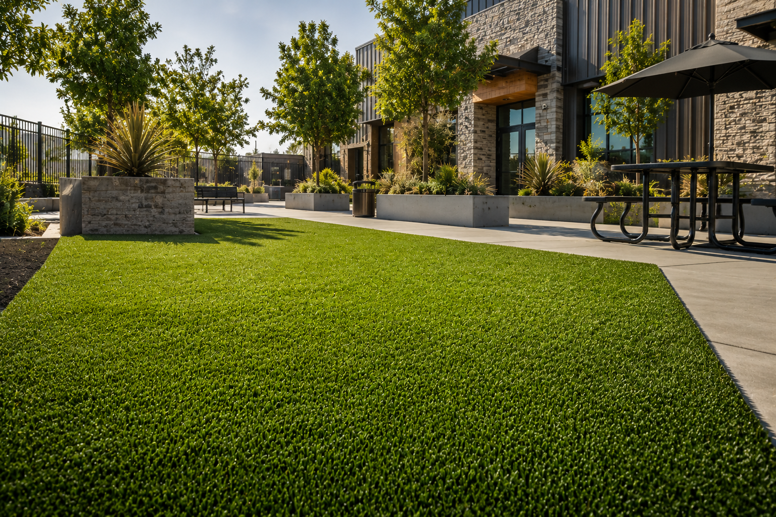 Alpha Surge turf in a commercial courtyard with seating and shade