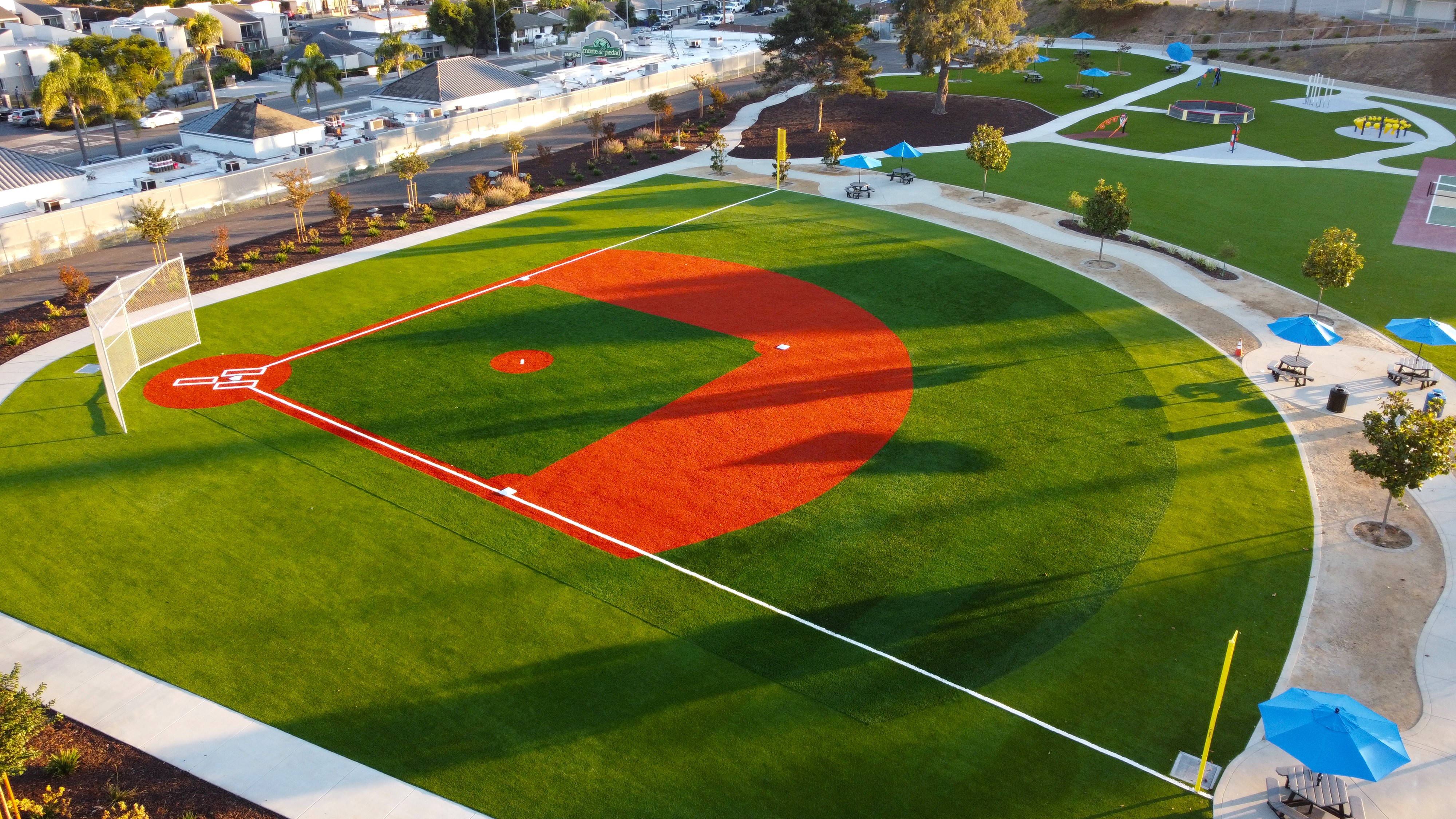 Turf baseball field with painted infield